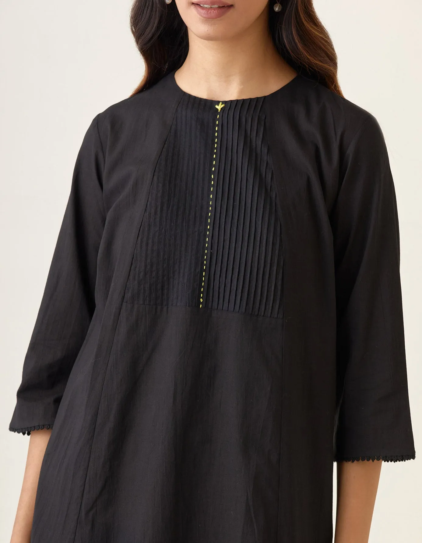 Coordinate Set- A Line Pin tuck Kurta with Pants in Black Cotton (Set of 2)