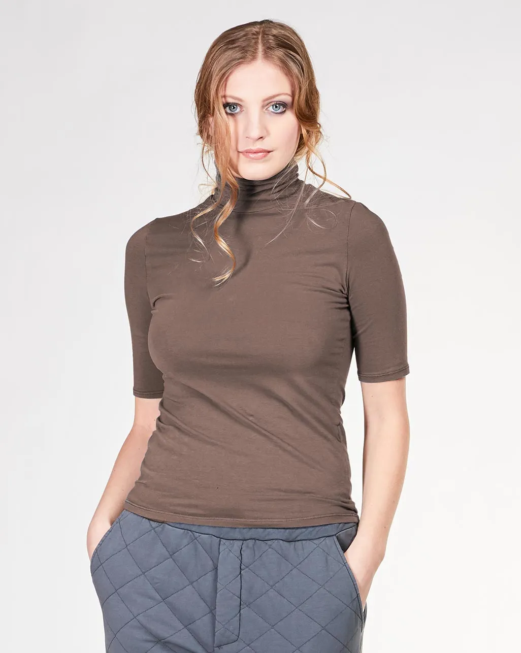 Cowl-Turtleneck Short Sleeve T-Shirt