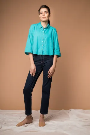Crop Shirt with Kimono Sleeves in Aqua Blue cotton