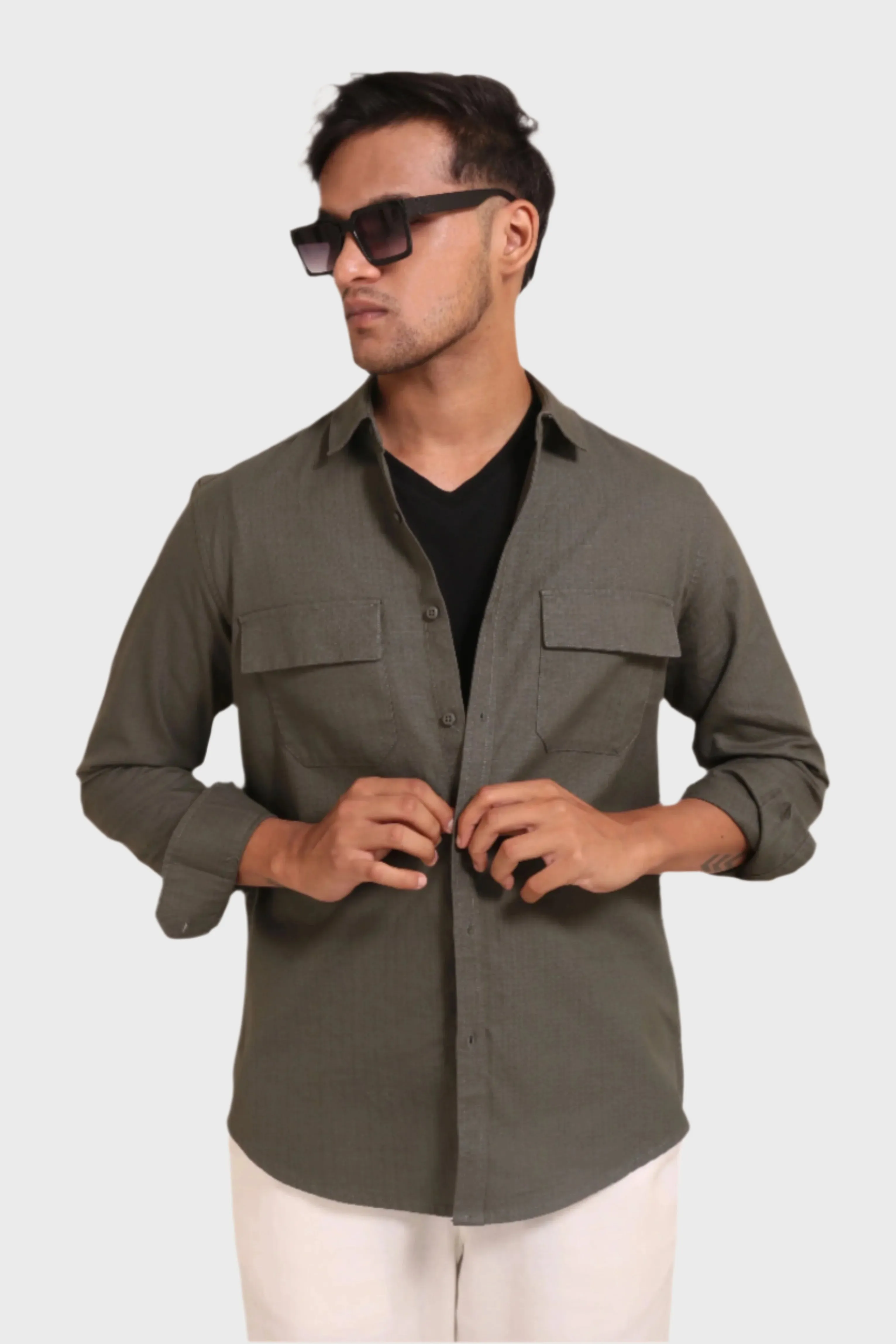 DARK GREEN TEXTURED REGULAT FIT SHIRT/ OVERSHIRT