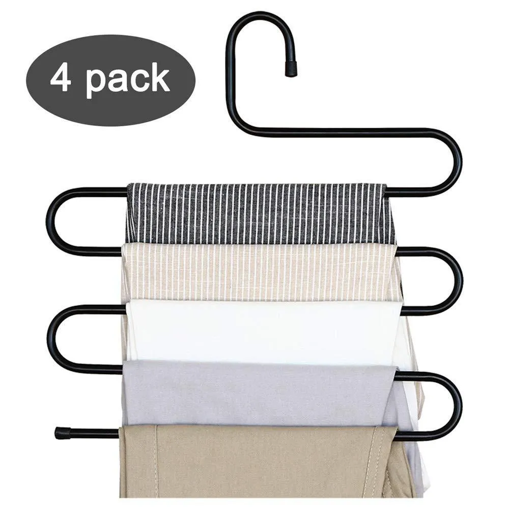 DS Pants Hanger Multi-layer S-style Jeans Trouser Hanger Closet Organize Storage Stainless Steel Rack Space Saver for Tie Scarf Shock Jeans Towel Clothes（4 Pack ）
