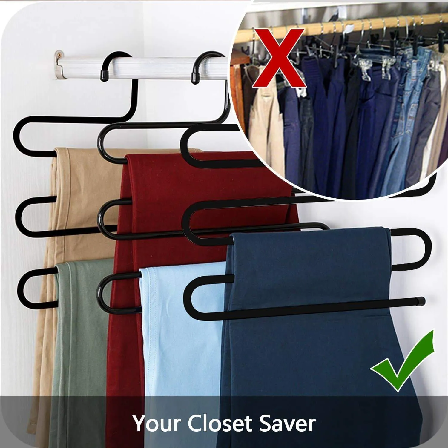 DS Pants Hanger Multi-layer S-style Jeans Trouser Hanger Closet Organize Storage Stainless Steel Rack Space Saver for Tie Scarf Shock Jeans Towel Clothes（4 Pack ）