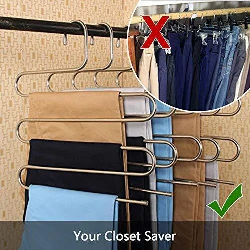 DS Pants Hangers S-Shape Trousers Hangers Stainless Steel Clothes Hangers Closet Space Saving for Pants Jeans Scarf Hanging Silver (4 Pack with 10 Clips)