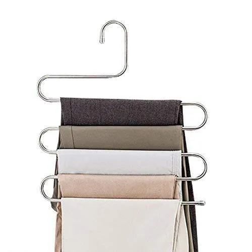 DS Pants Hangers S-Shape Trousers Hangers Stainless Steel Clothes Hangers Closet Space Saving for Pants Jeans Scarf Hanging Silver (4 Pack with 10 Clips)
