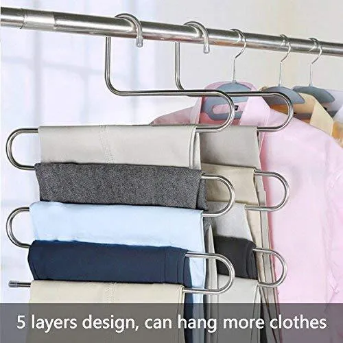 DS Pants Hangers S-Shape Trousers Hangers Stainless Steel Clothes Hangers Closet Space Saving for Pants Jeans Scarf Hanging Silver (4 Pack with 10 Clips)