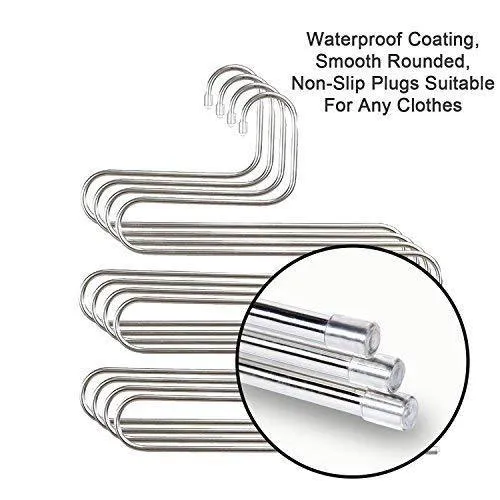 DS Pants Hangers S-Shape Trousers Hangers Stainless Steel Clothes Hangers Closet Space Saving for Pants Jeans Scarf Hanging Silver (4 Pack with 10 Clips)