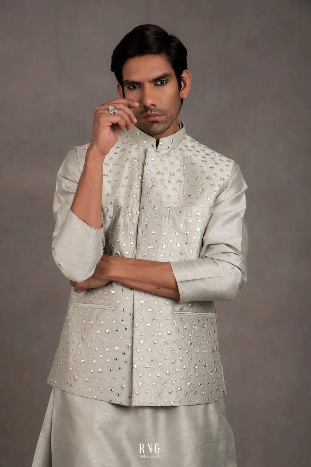 Duckegg Grey Embroidered Kurta-Jacket Set