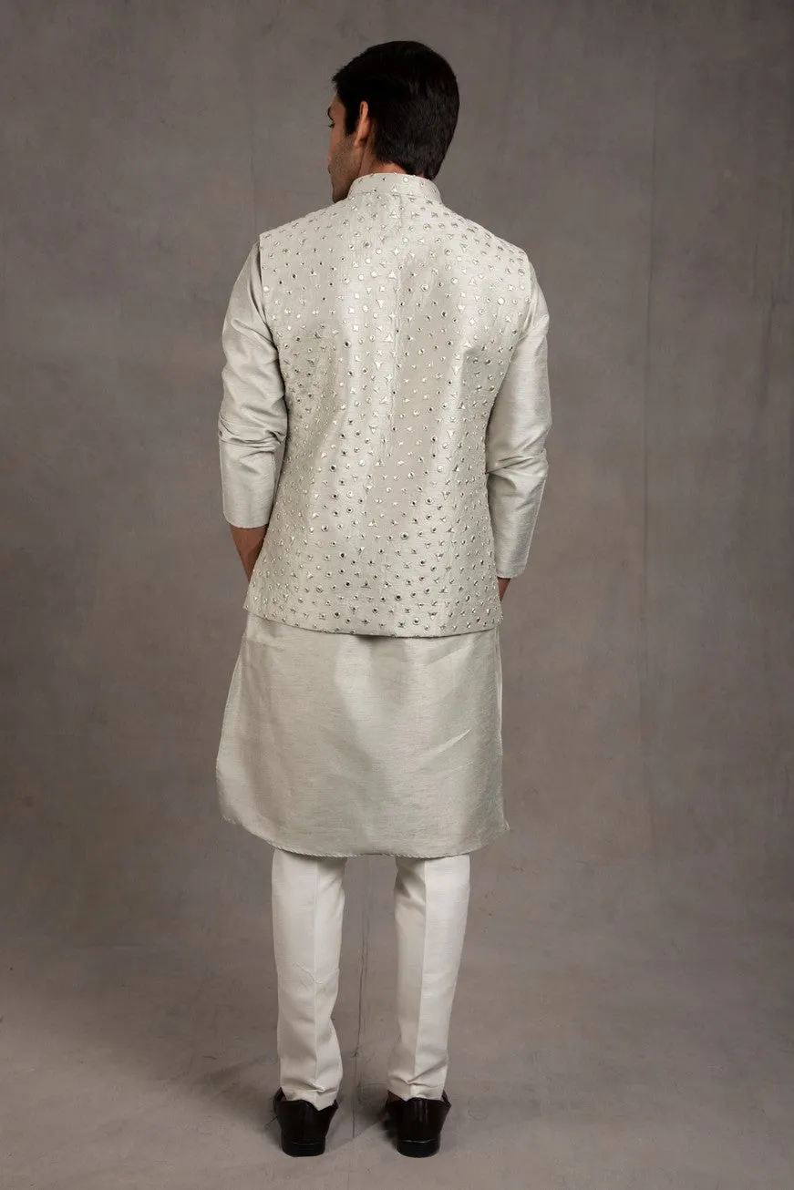 Duckegg Grey Embroidered Kurta-Jacket Set