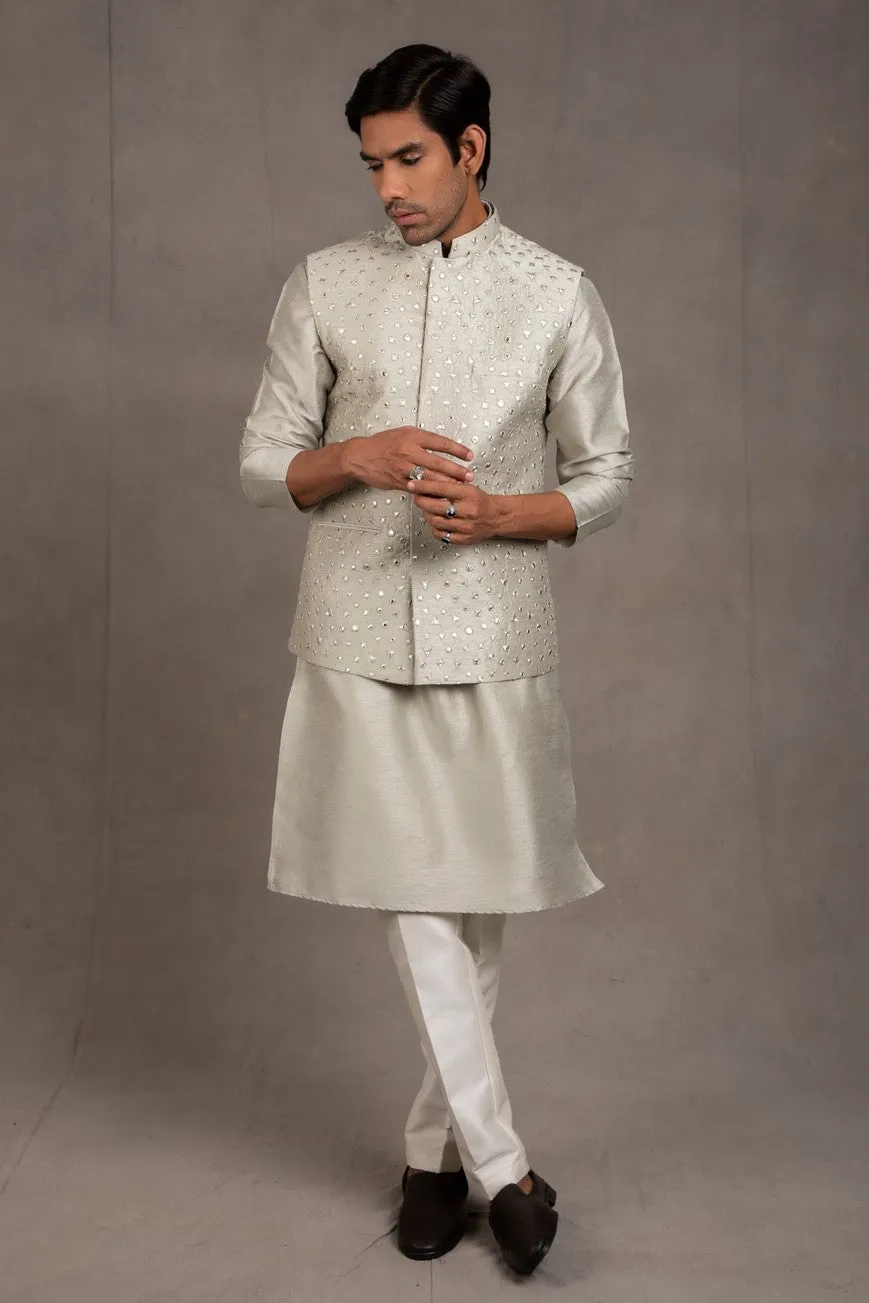 Duckegg Grey Embroidered Kurta-Jacket Set