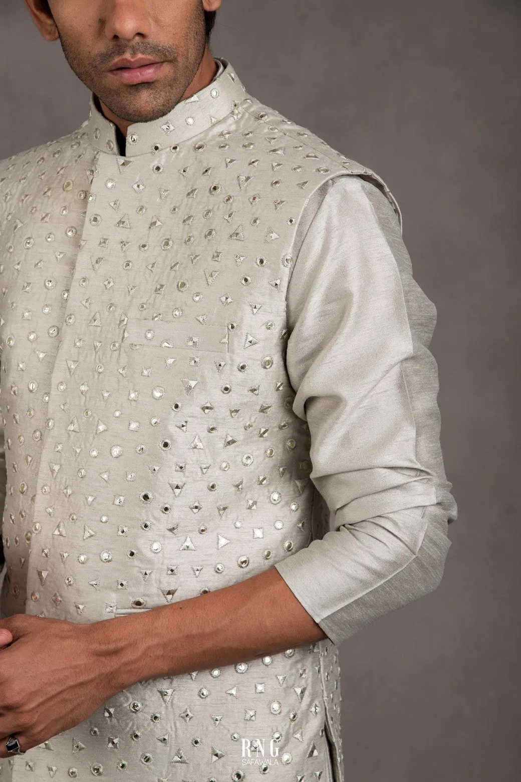Duckegg Grey Embroidered Kurta-Jacket Set