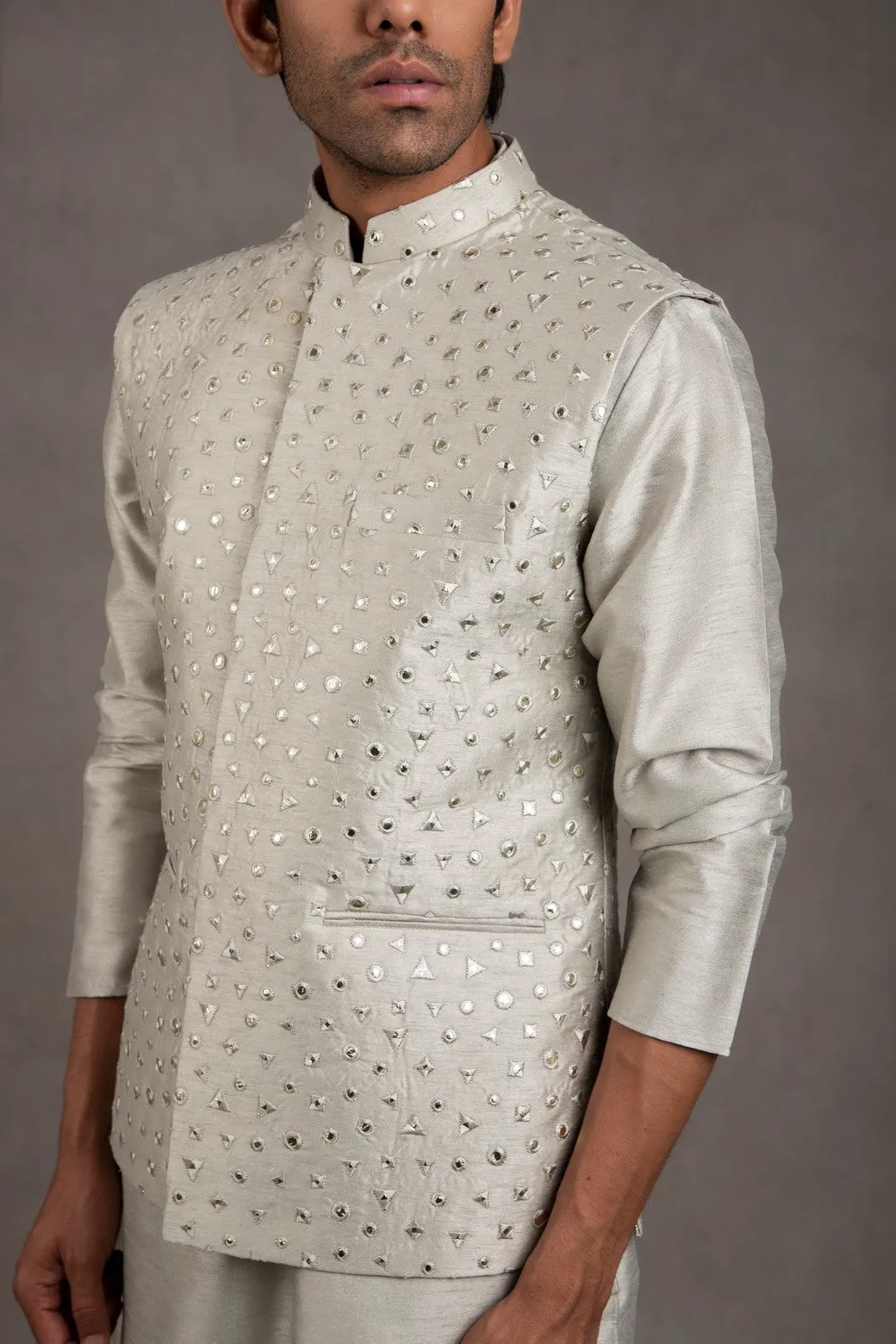 Duckegg Grey Embroidered Kurta-Jacket Set