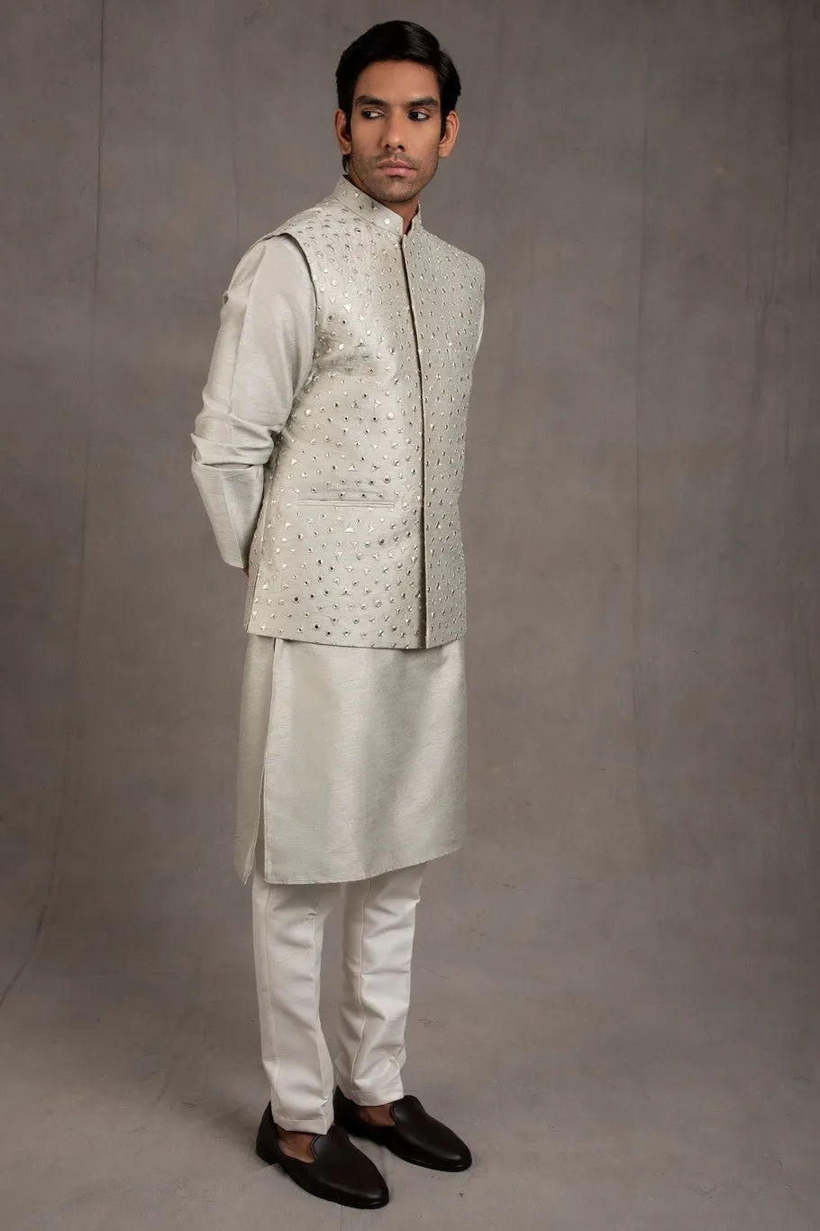 Duckegg Grey Embroidered Kurta-Jacket Set