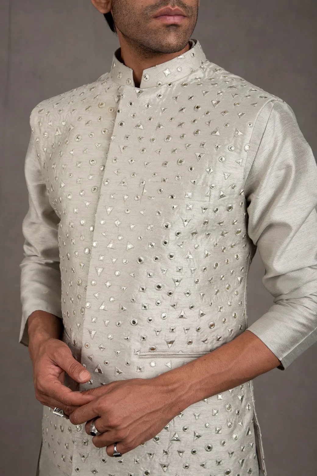 Duckegg Grey Embroidered Kurta-Jacket Set