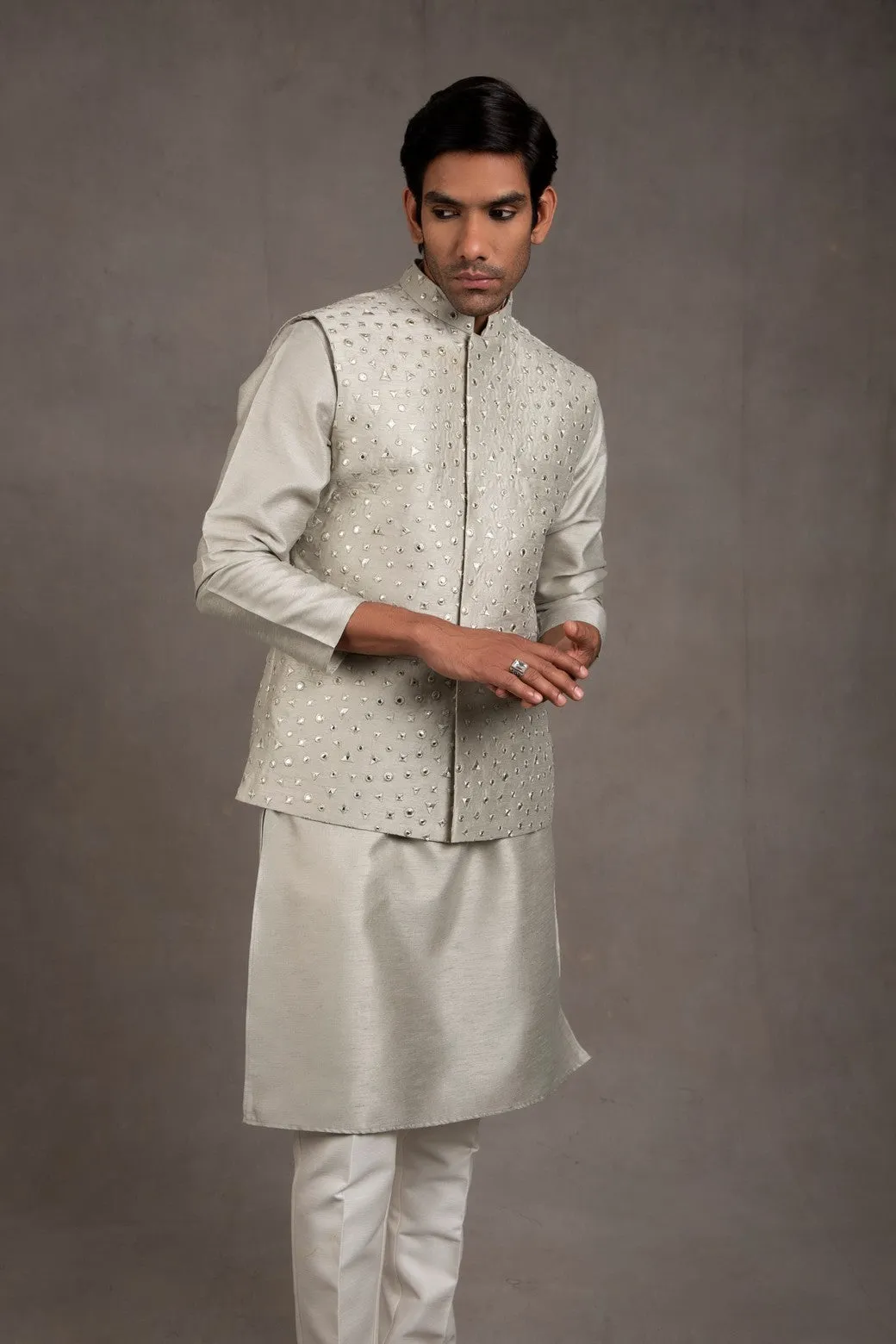 Duckegg Grey Embroidered Kurta-Jacket Set