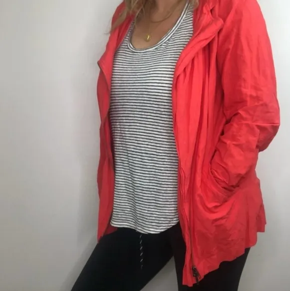 EILEEN FISHER Crumpled Light Weight Asymmetric Red Lory Moto with Hood