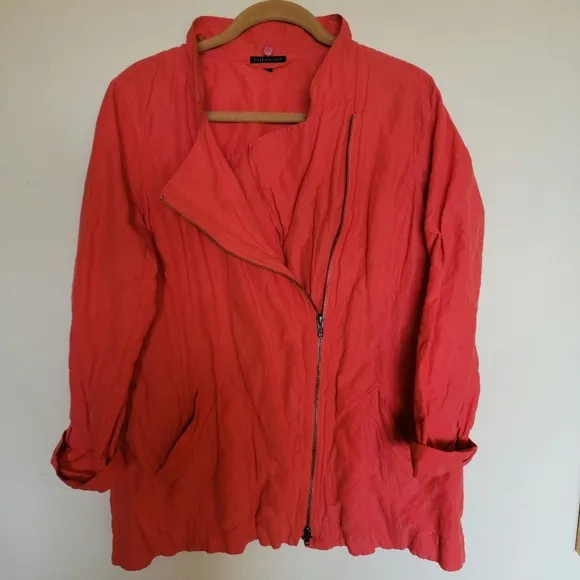 EILEEN FISHER Crumpled Light Weight Asymmetric Red Lory Moto with Hood