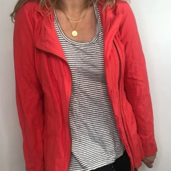 EILEEN FISHER Crumpled Light Weight Asymmetric Red Lory Moto with Hood