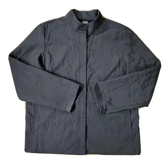 Eileen Fisher Women's LARGE Jacket Full Zip Up Mandarin Black Unlined USA Made