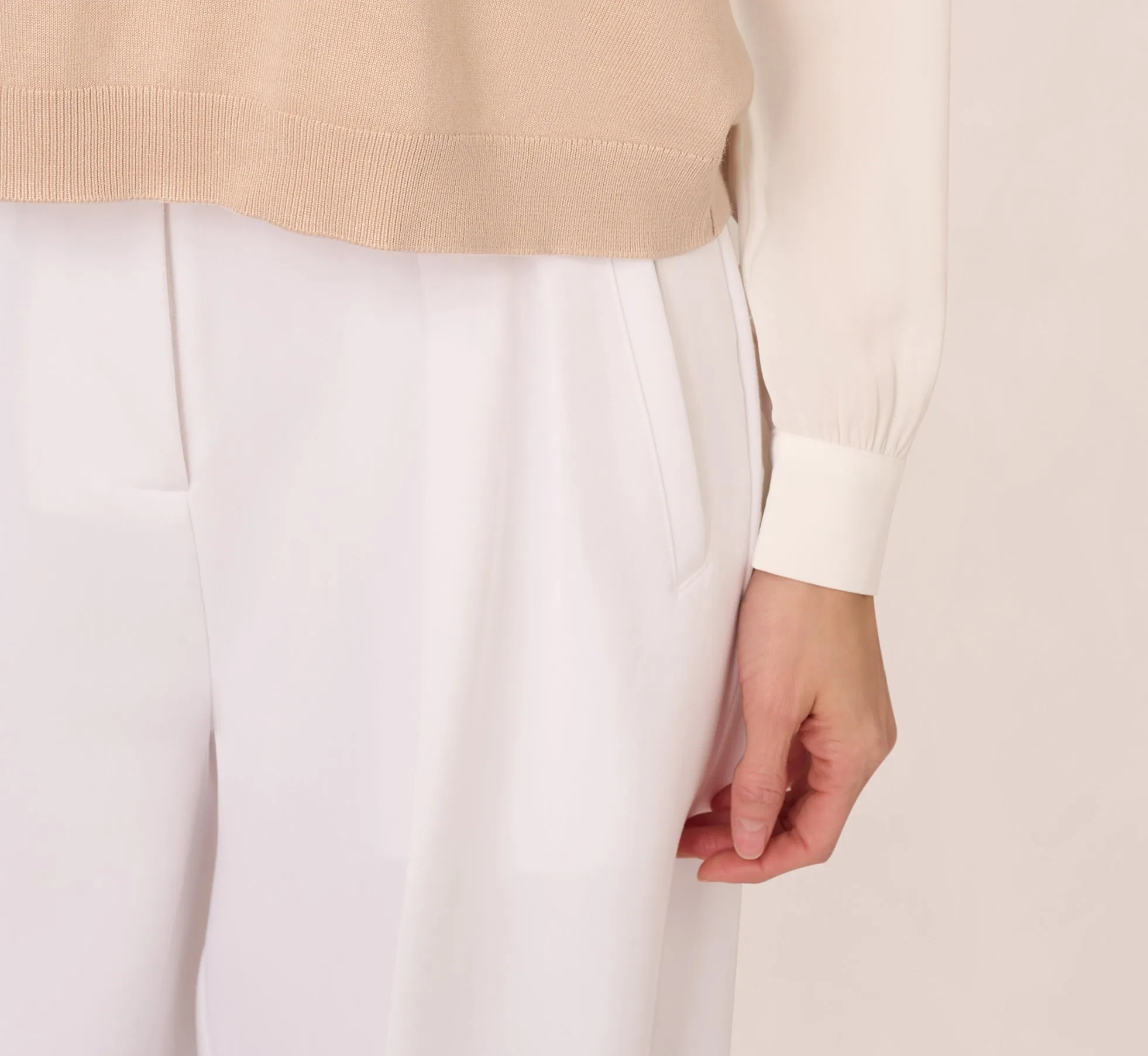 Extended Shoulder Sweater Vest Twofer Shirt In Champagne Blush Ivory