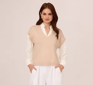 Extended Shoulder Sweater Vest Twofer Shirt In Champagne Blush Ivory