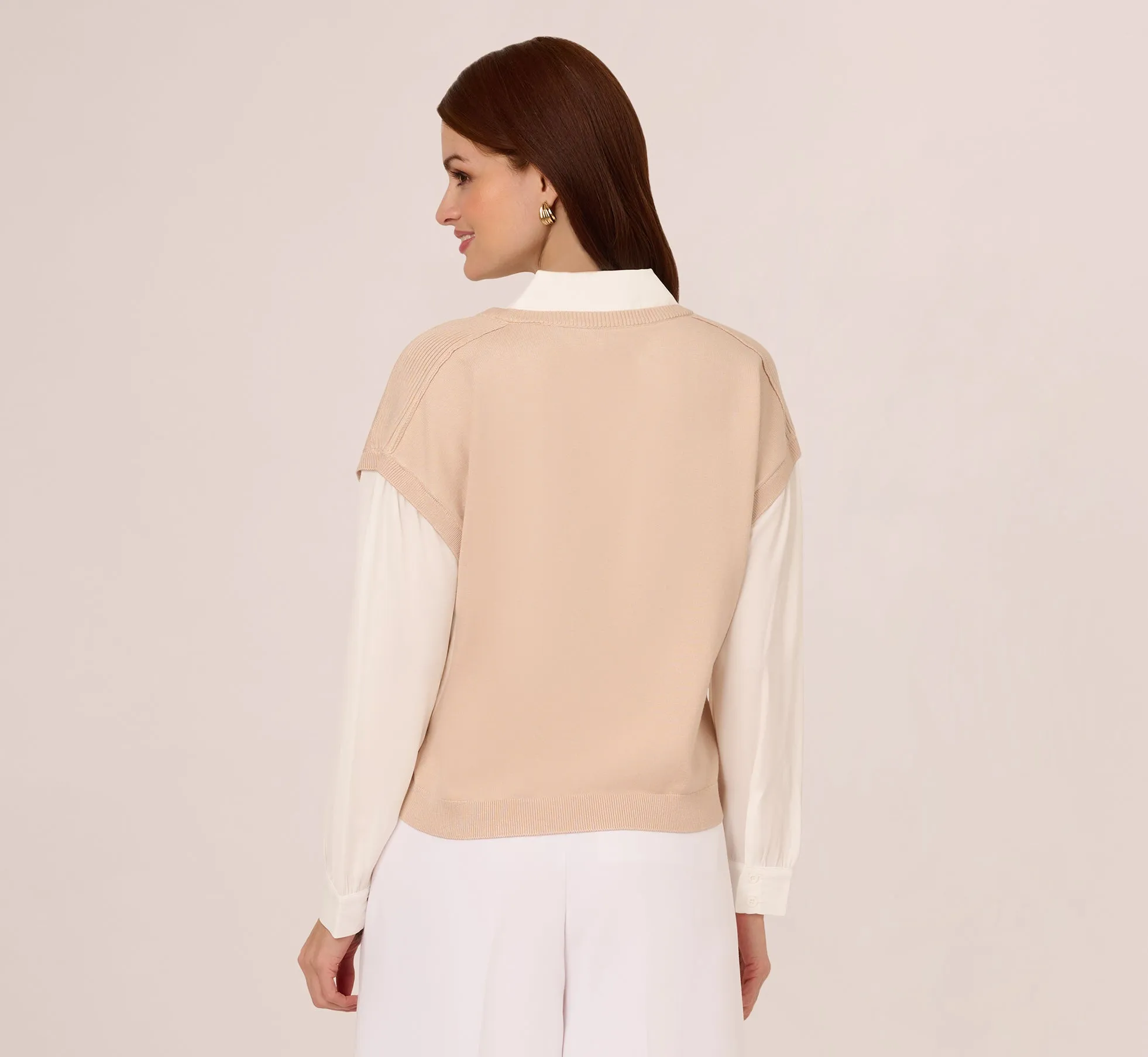 Extended Shoulder Sweater Vest Twofer Shirt In Champagne Blush Ivory