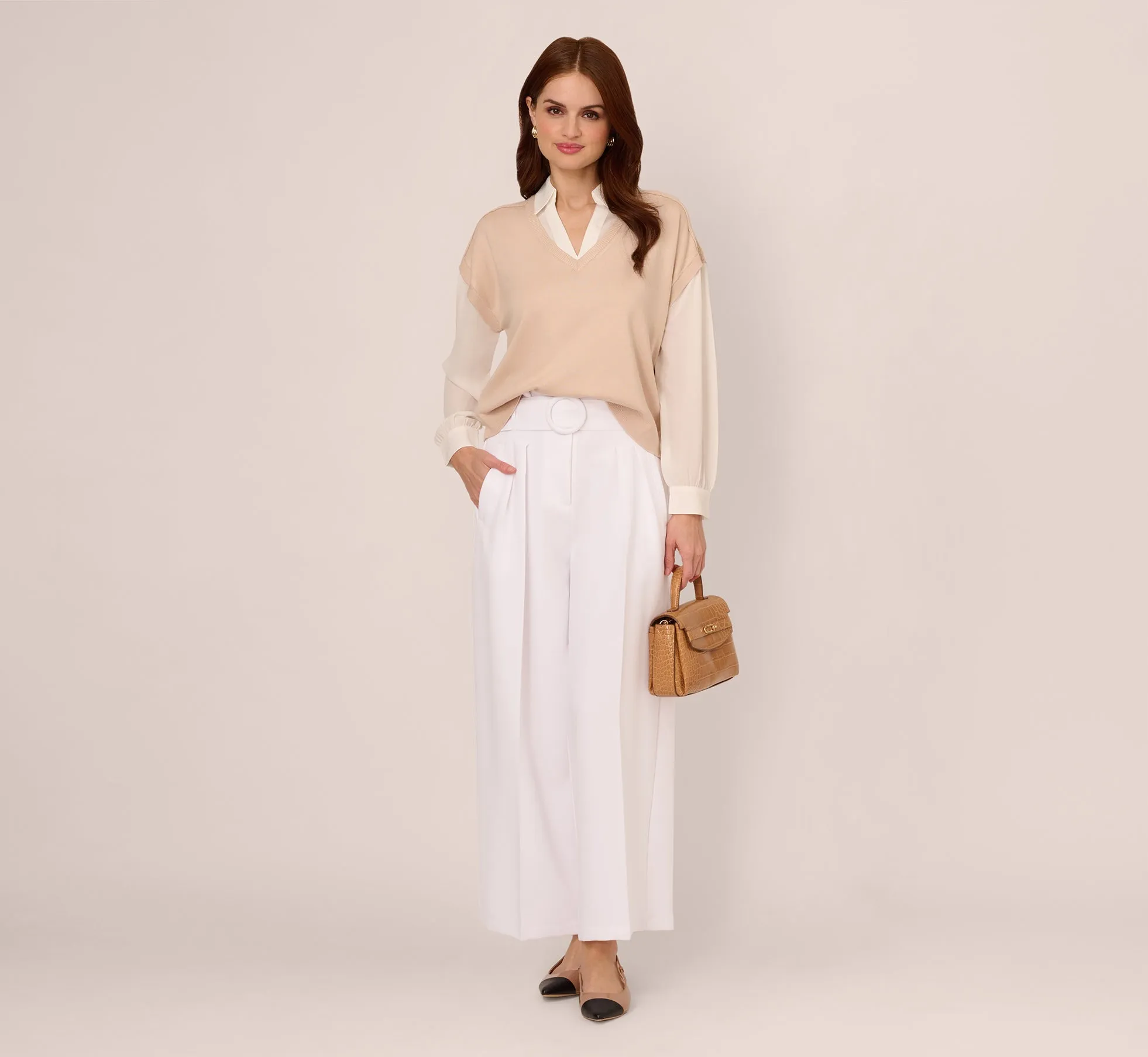Extended Shoulder Sweater Vest Twofer Shirt In Champagne Blush Ivory