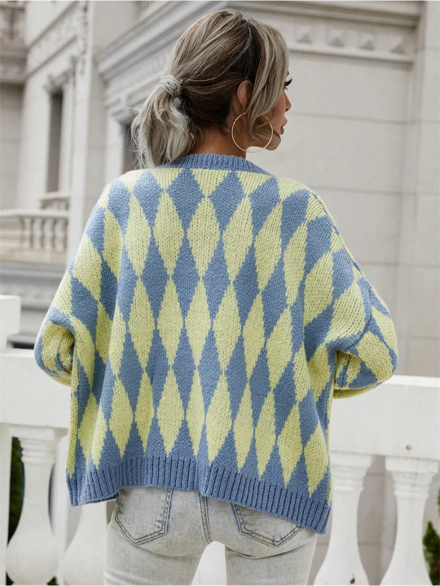 Felise Chess Patterned Knit Cardigan - Blue