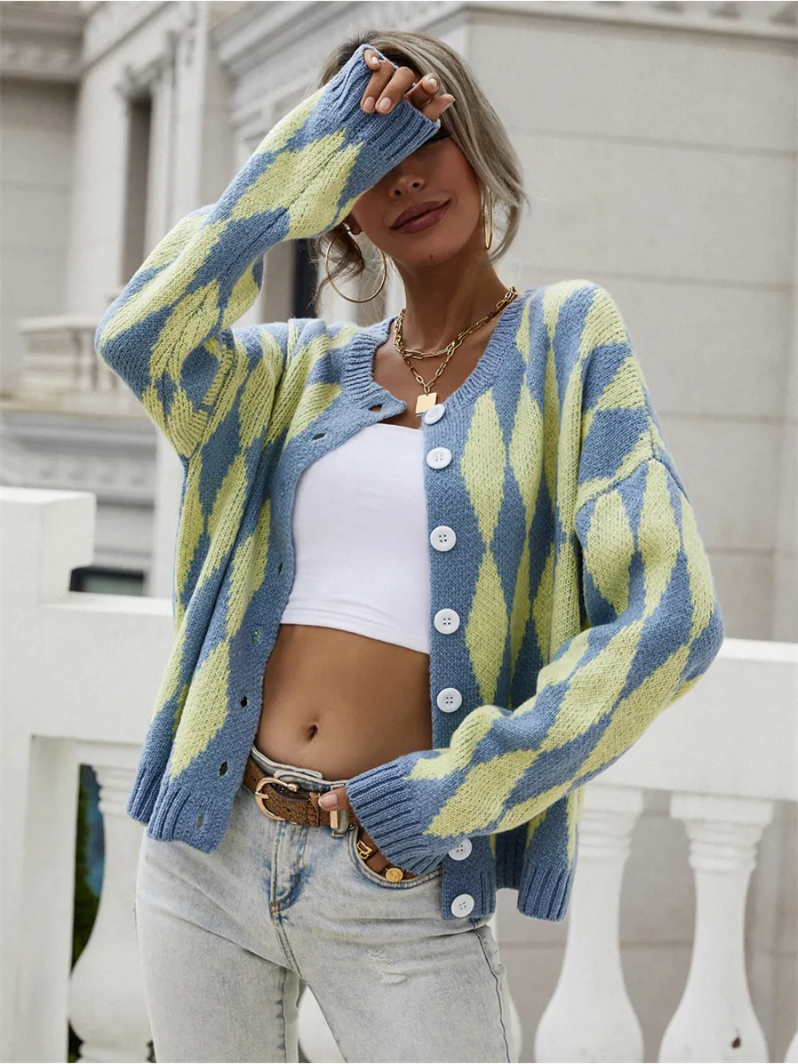 Felise Chess Patterned Knit Cardigan - Blue