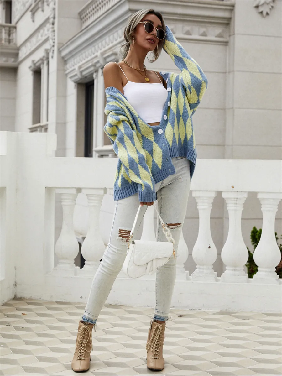 Felise Chess Patterned Knit Cardigan - Blue