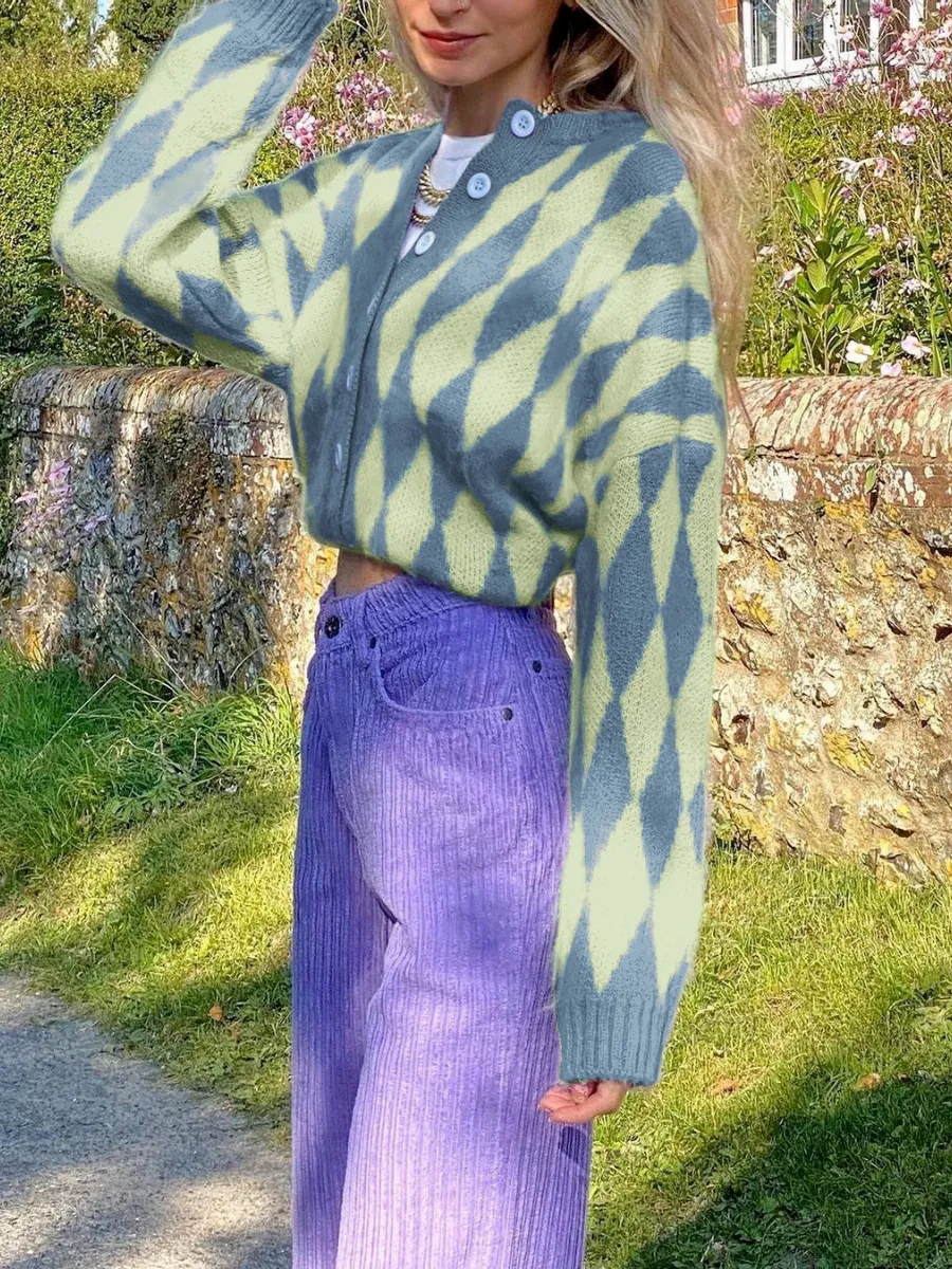 Felise Chess Patterned Knit Cardigan - Blue