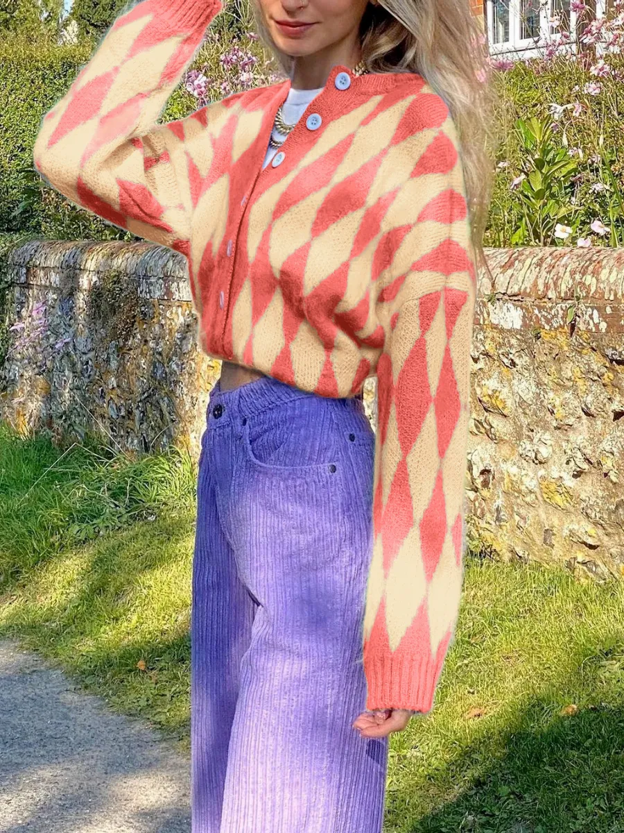 Felise Chess Patterned Knit Cardigan - Orange