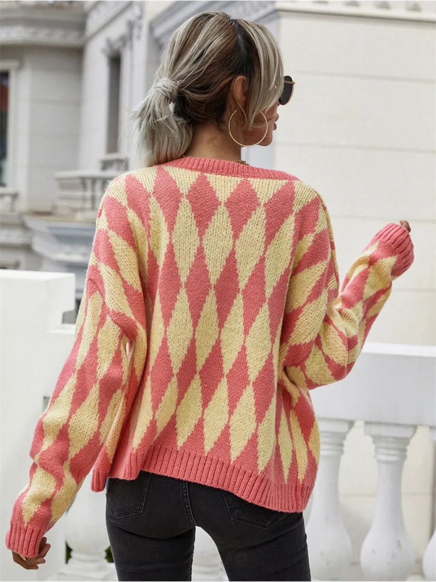 Felise Chess Patterned Knit Cardigan - Orange
