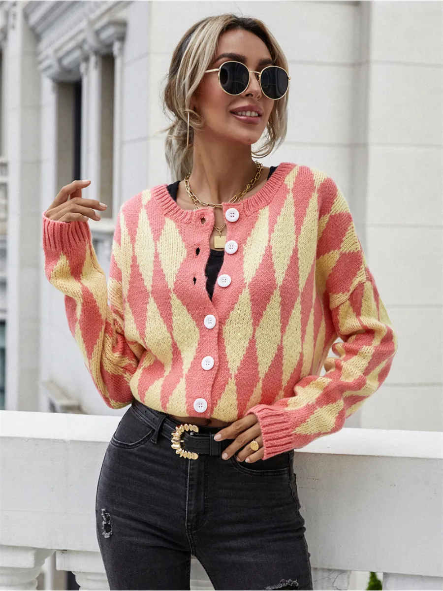 Felise Chess Patterned Knit Cardigan - Orange