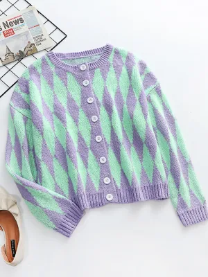 Felise Chess Patterned Knit Cardigan - Purple
