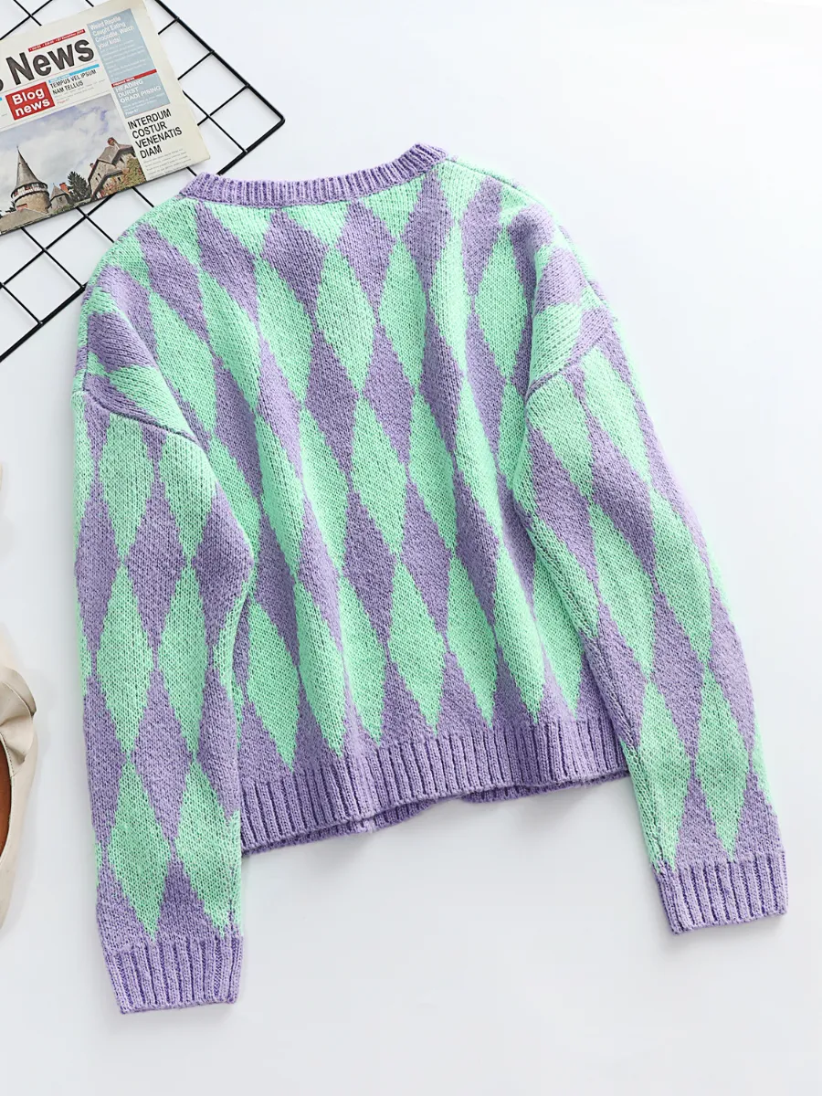 Felise Chess Patterned Knit Cardigan - Purple