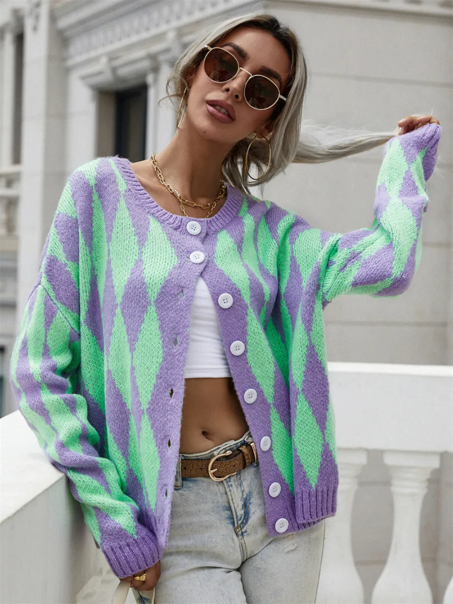 Felise Chess Patterned Knit Cardigan - Purple