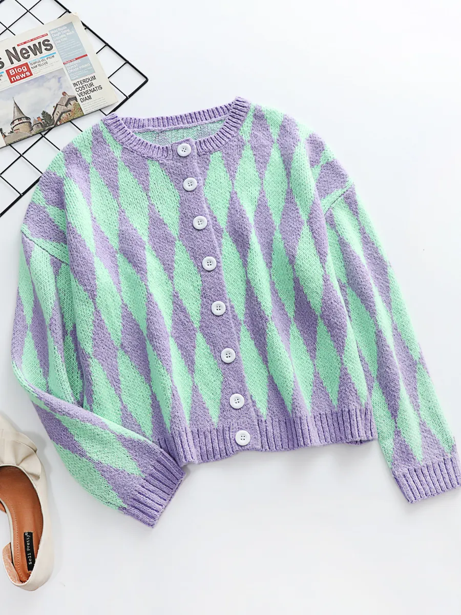 Felise Chess Patterned Knit Cardigan - Purple