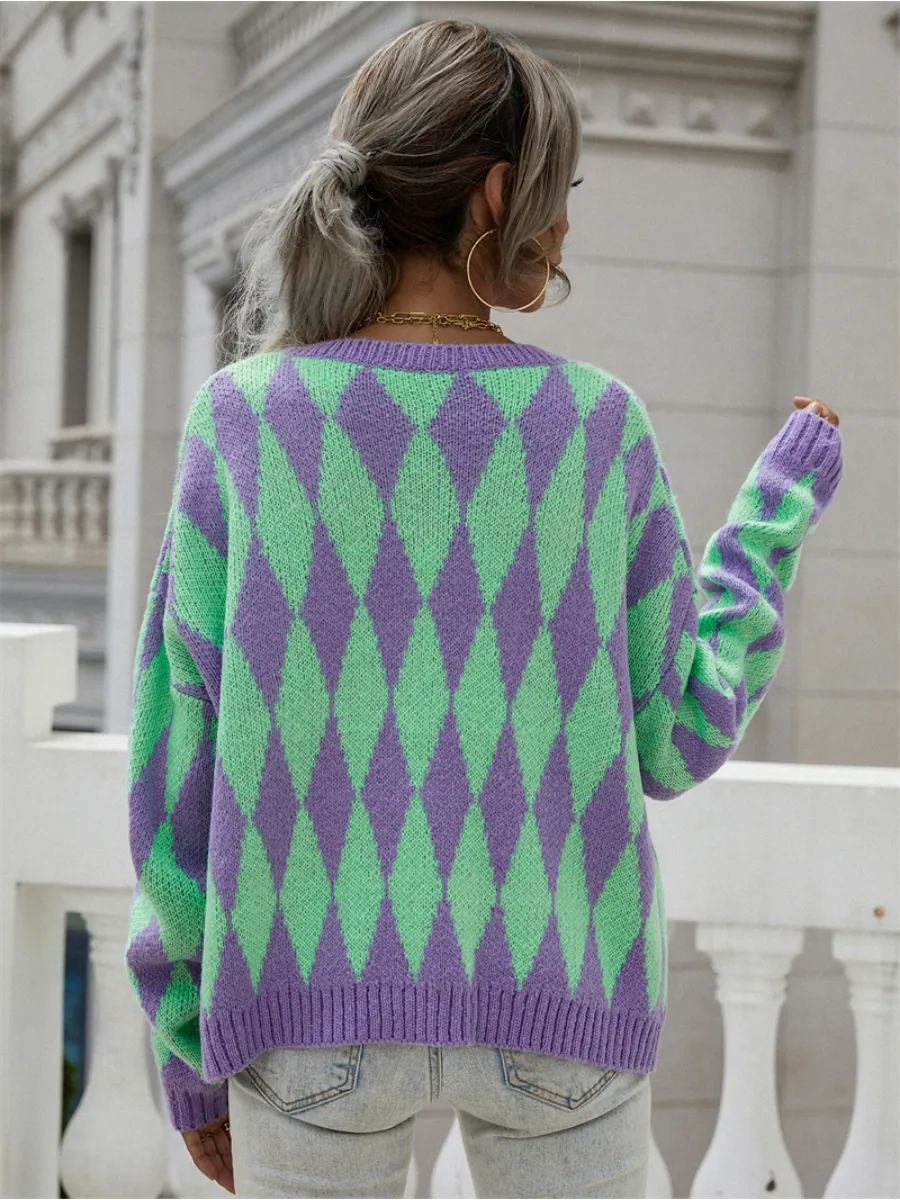 Felise Chess Patterned Knit Cardigan - Purple