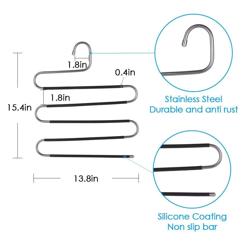 FFHL Pants Hangers S Type,5 Layers Non Slip with Silicone Stainless Steel Rack, for Dress,Jeans, Slacks, Towels, Scarfs, Ties Multi Clothes Cascading, 80% Space Saver,(14.17 x 14.96ins)(4 Pack)