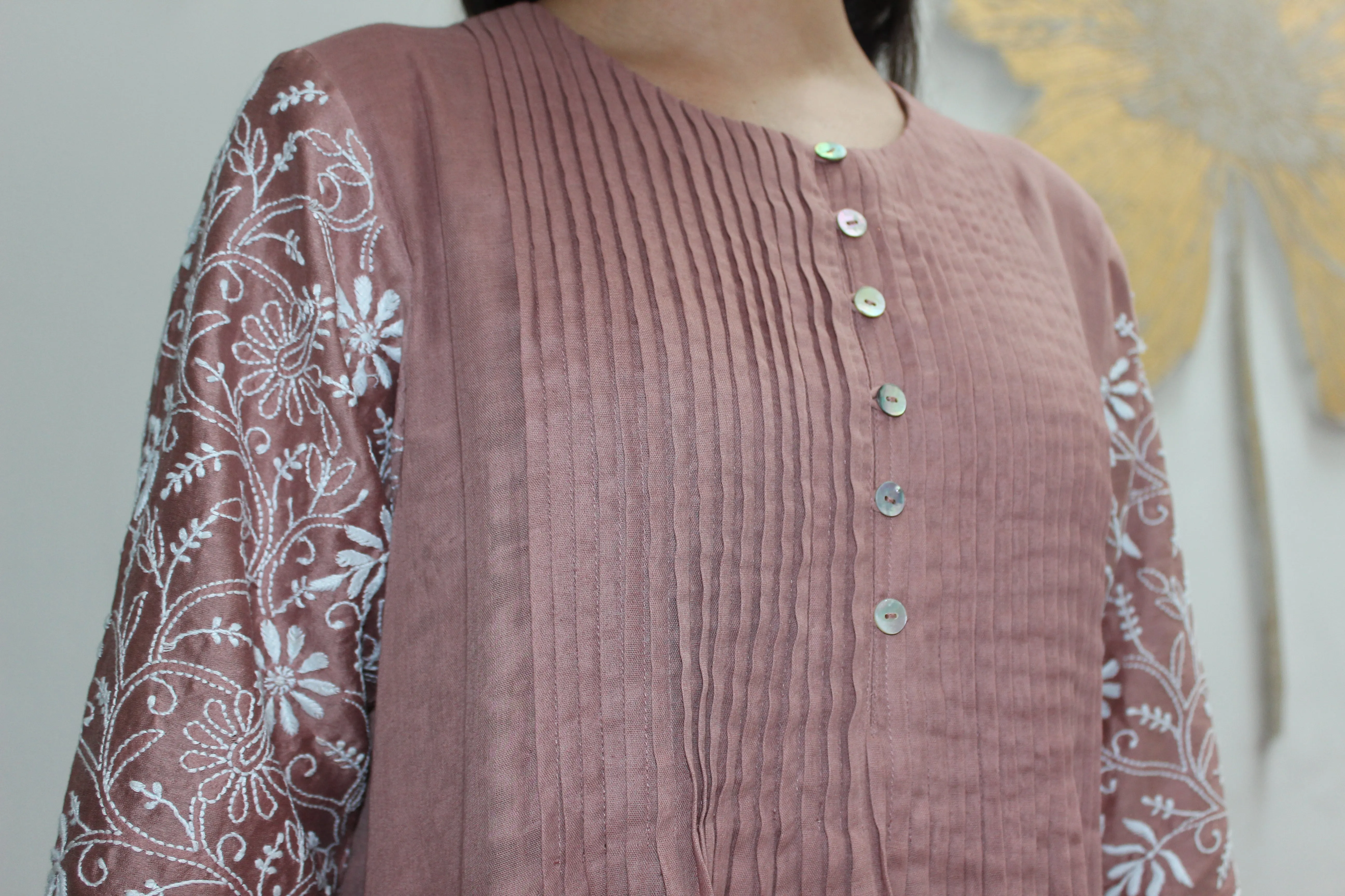 FRONT PINTUCKS AND BACK YOKE KURTA - ROSE