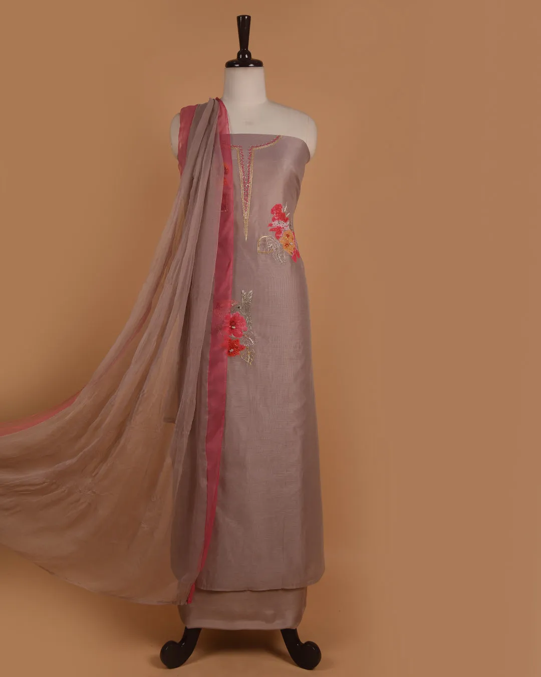 Gray With Pink Chanderi Hand Embroidered Unstitched Suit Fabric Set With Chiffon Dupatta