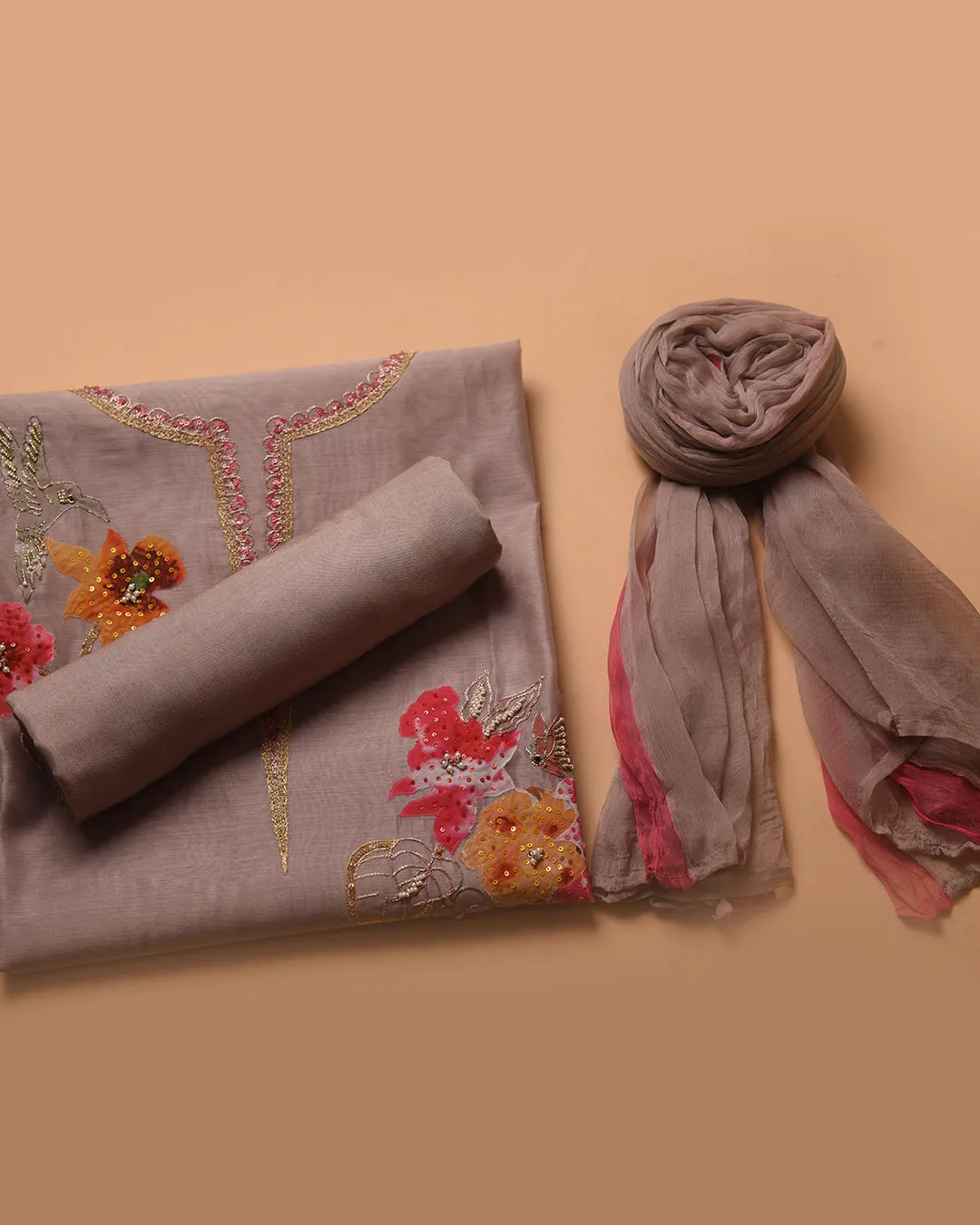 Gray With Pink Chanderi Hand Embroidered Unstitched Suit Fabric Set With Chiffon Dupatta