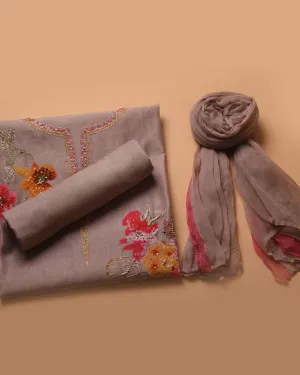 Gray With Pink Chanderi Hand Embroidered Unstitched Suit Fabric Set With Chiffon Dupatta