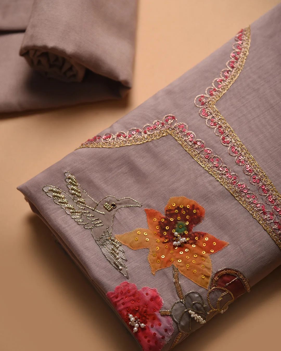 Gray With Pink Chanderi Hand Embroidered Unstitched Suit Fabric Set With Chiffon Dupatta