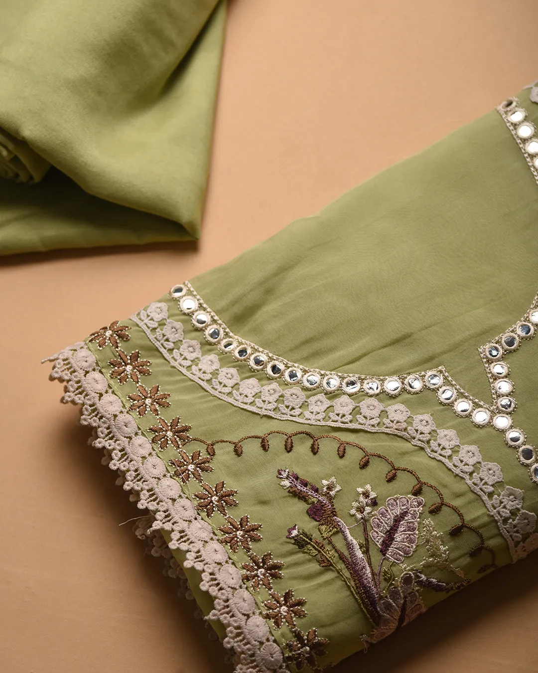 Green Organza Blend Embroidered Unstitched Suit Fabric Set Chiffon Blend Dupatta