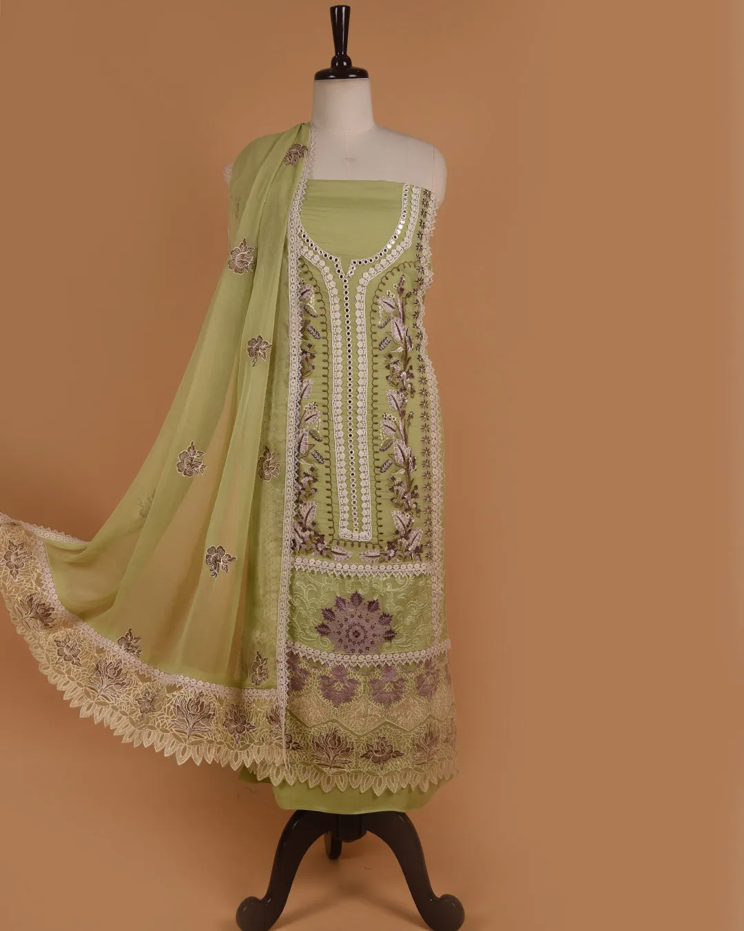 Green Organza Blend Embroidered Unstitched Suit Fabric Set Chiffon Blend Dupatta