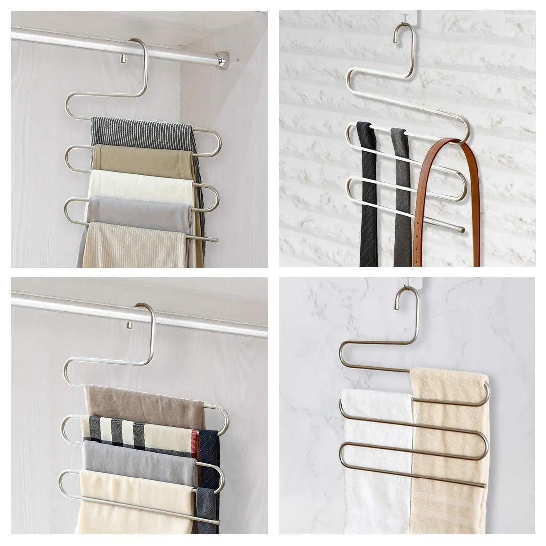 HonTop 5 Pack S-Type Multi-Purpose Pants Hangers Rack Stainless Steel Magic for Hanging Trousers Jeans Scarf Tie Clothes,Space Saving Storage Rack 5 Layers (5PCS)