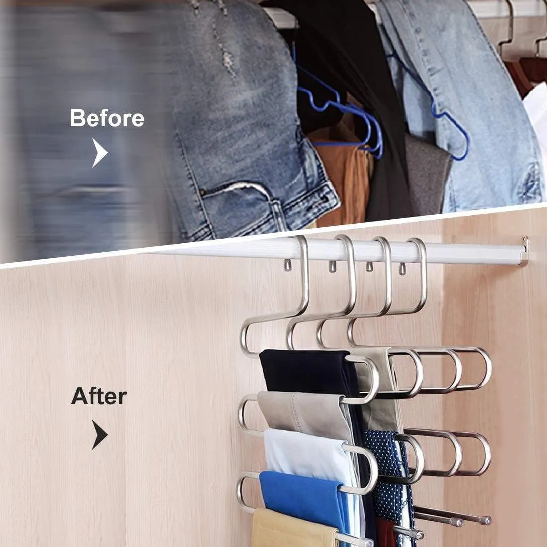 HonTop 5 Pack S-Type Multi-Purpose Pants Hangers Rack Stainless Steel Magic for Hanging Trousers Jeans Scarf Tie Clothes,Space Saving Storage Rack 5 Layers (5PCS)