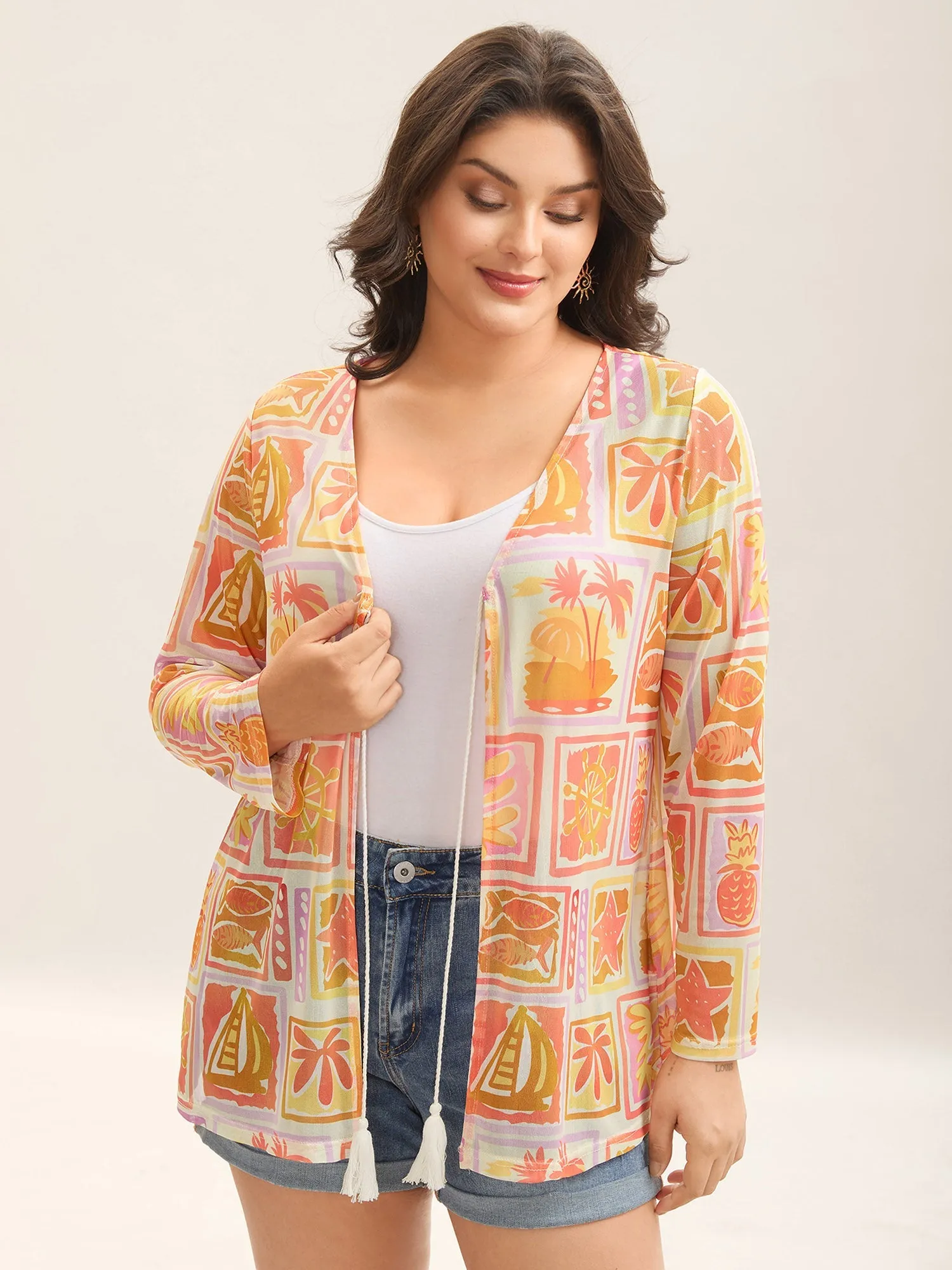 Island Ready Print Mesh Tassels Kimono