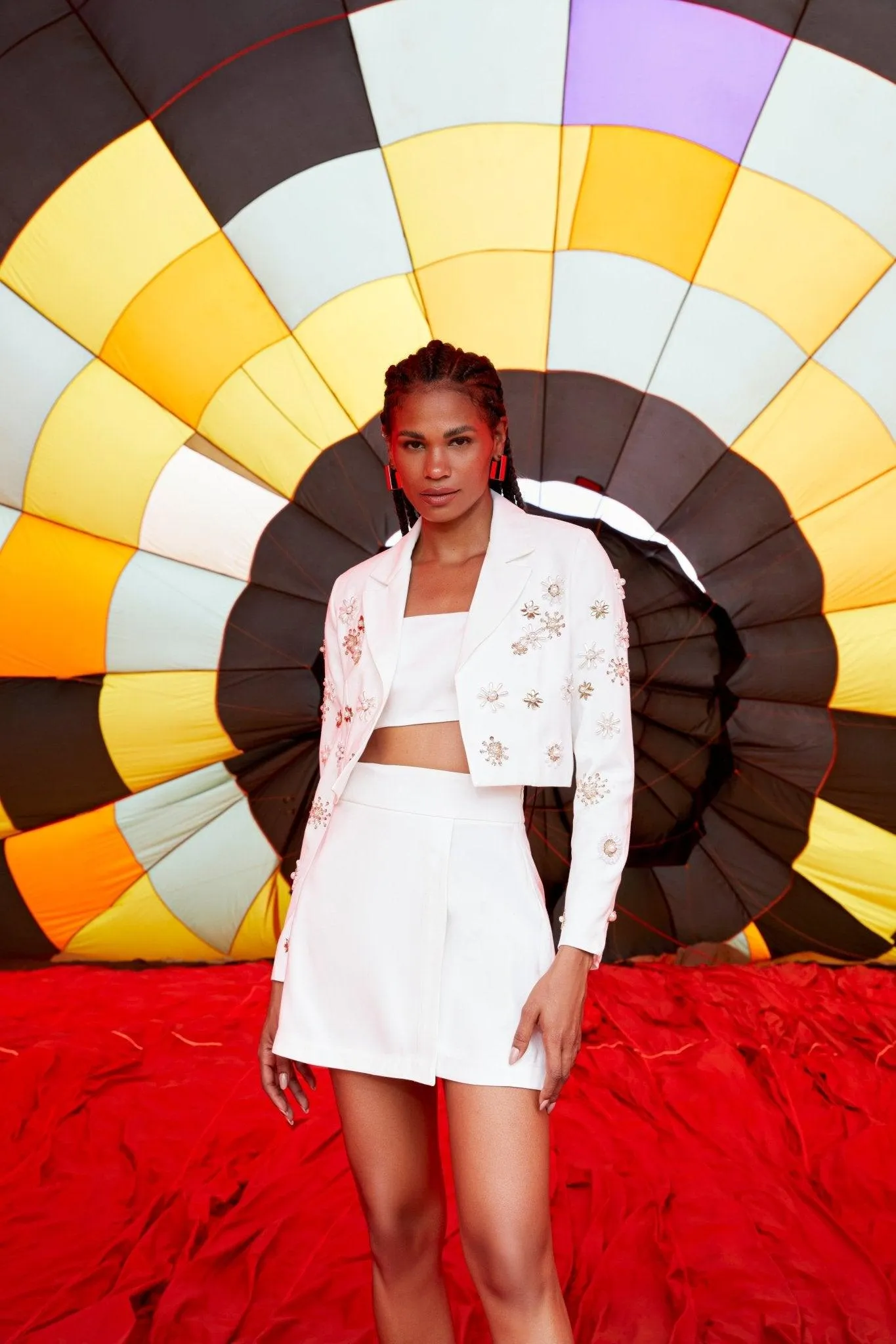 Jaqueline White Set Embelished Blazer, Crop Top & Skirt
